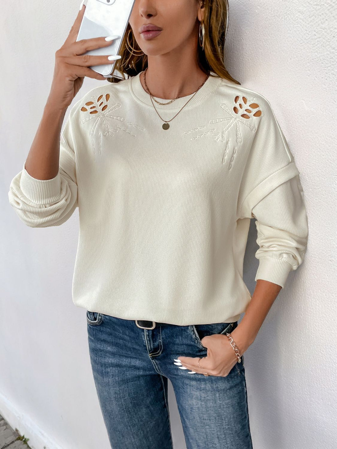 Perfee Cutout Round Neck Long Sleeve Sweatshirt 