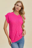 Double Take Full Size Cable-Knit Round Neck Cap Sleeve Sweater 