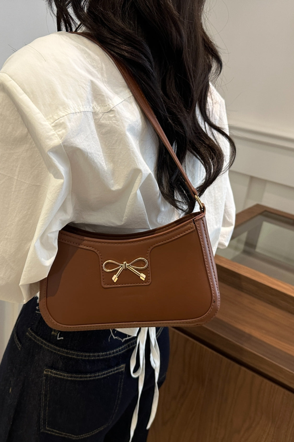 Bow Trim PU Leather Shoulder Bag 