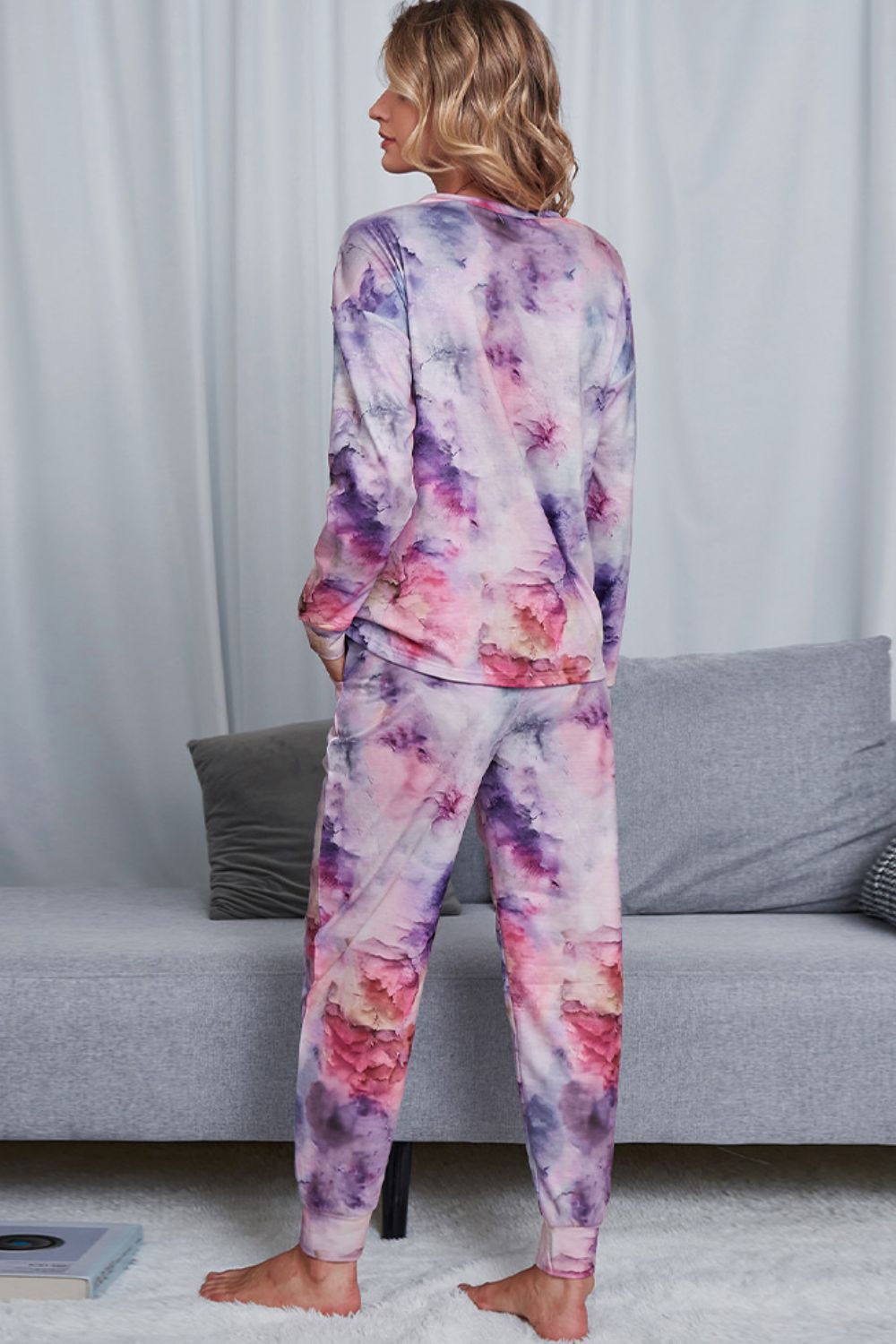 Shiny Tie-Dye Crewneck Top and Drawstring Waist Joggers Lounge Set Lingerie & Nightwear