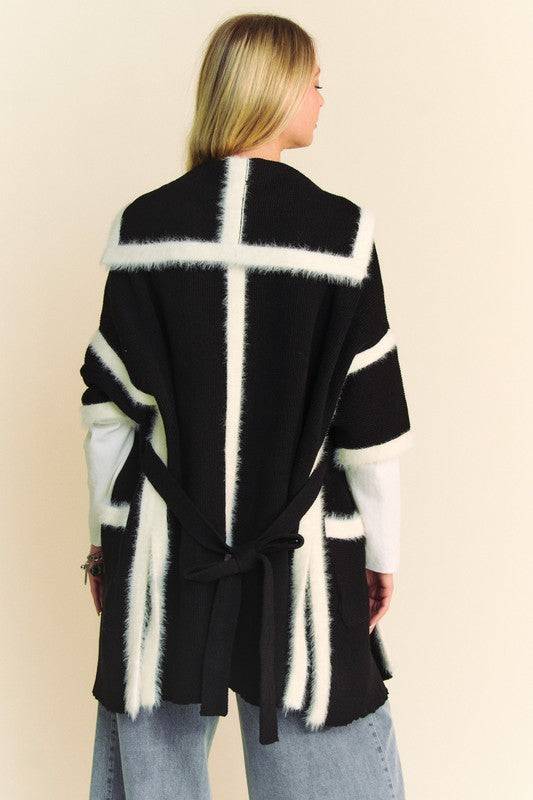 Davi & Dani Fuzzy Trim Open Front Loose Fit Cardigan 