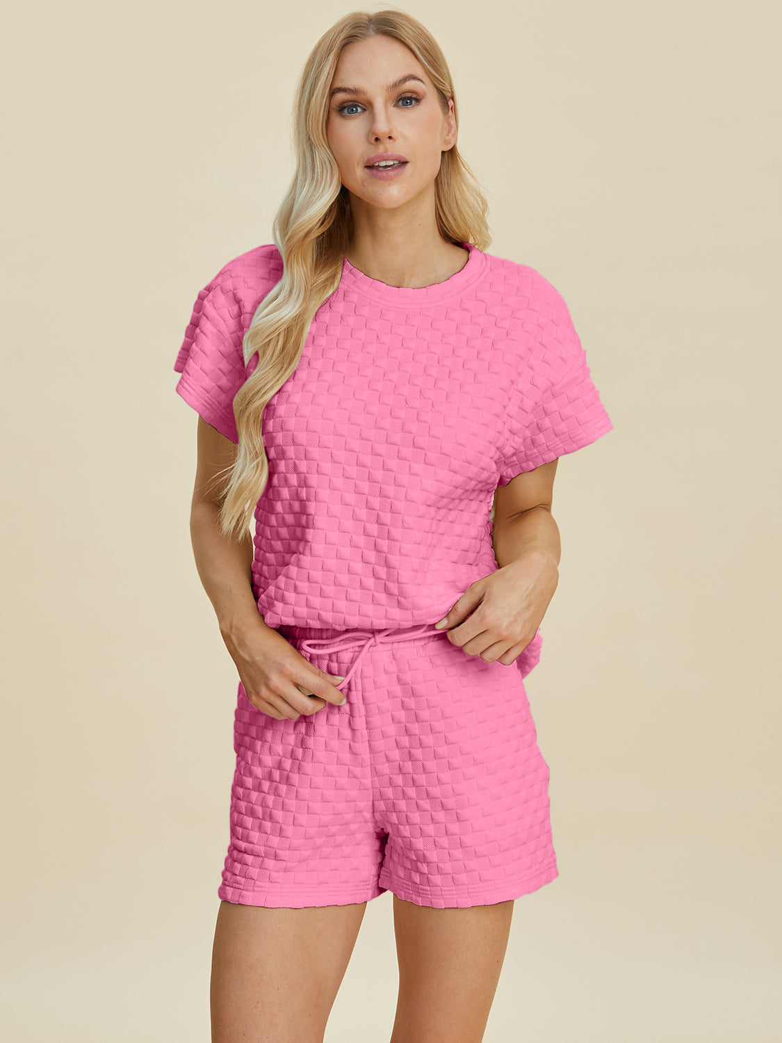 Double Take Full Size Texture T-Shirt and Shorts Set 