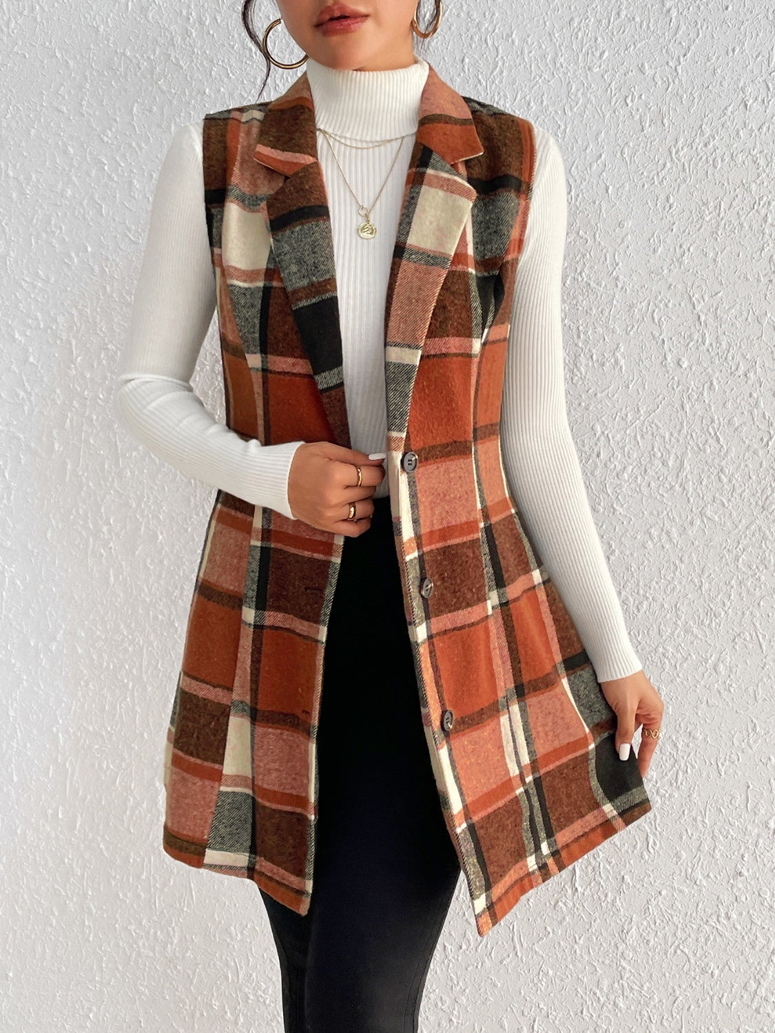 Honey Plaid Button Up Vest Coat 