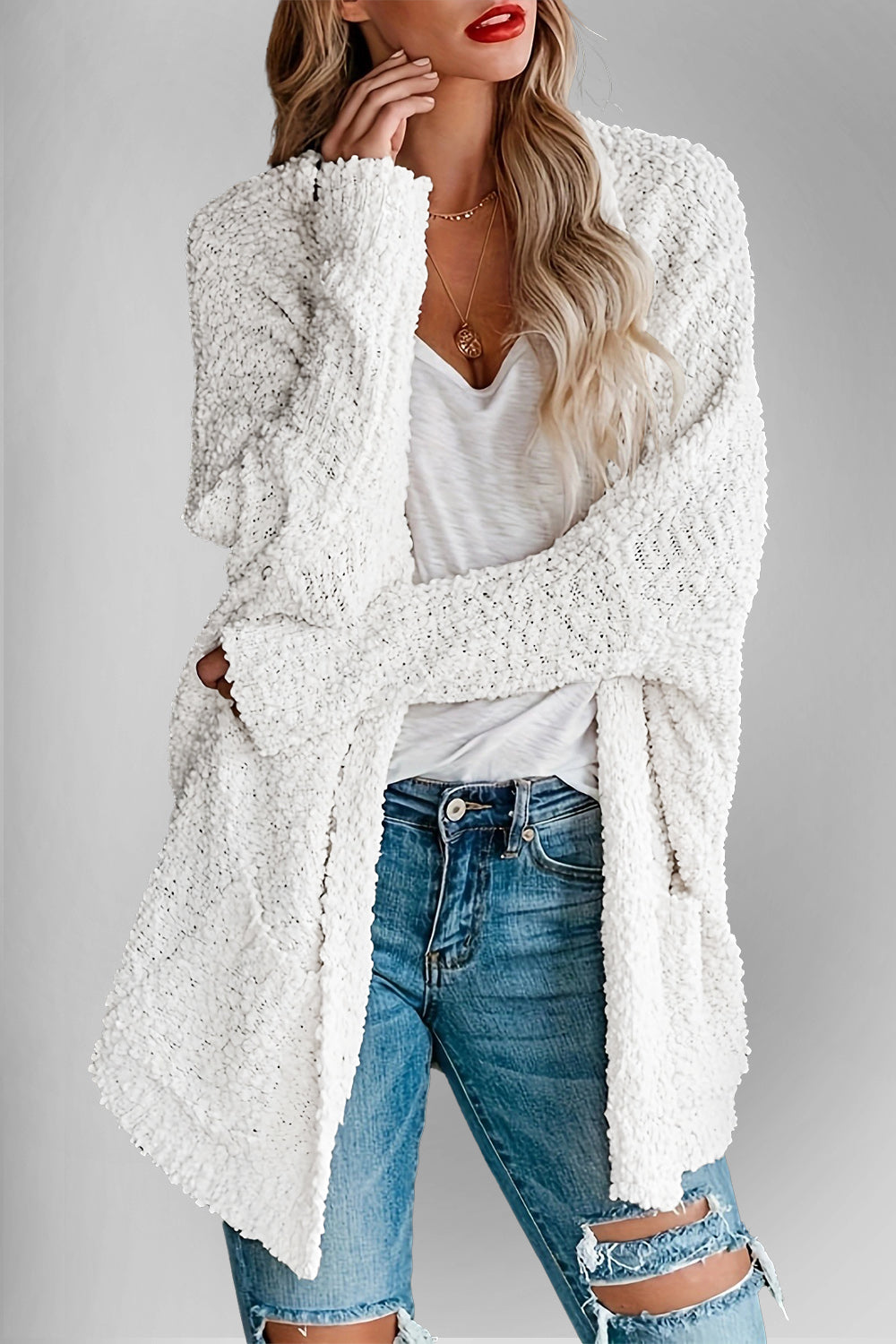 Double Take Pocketed Open Front Long Sleeve Cardigan 