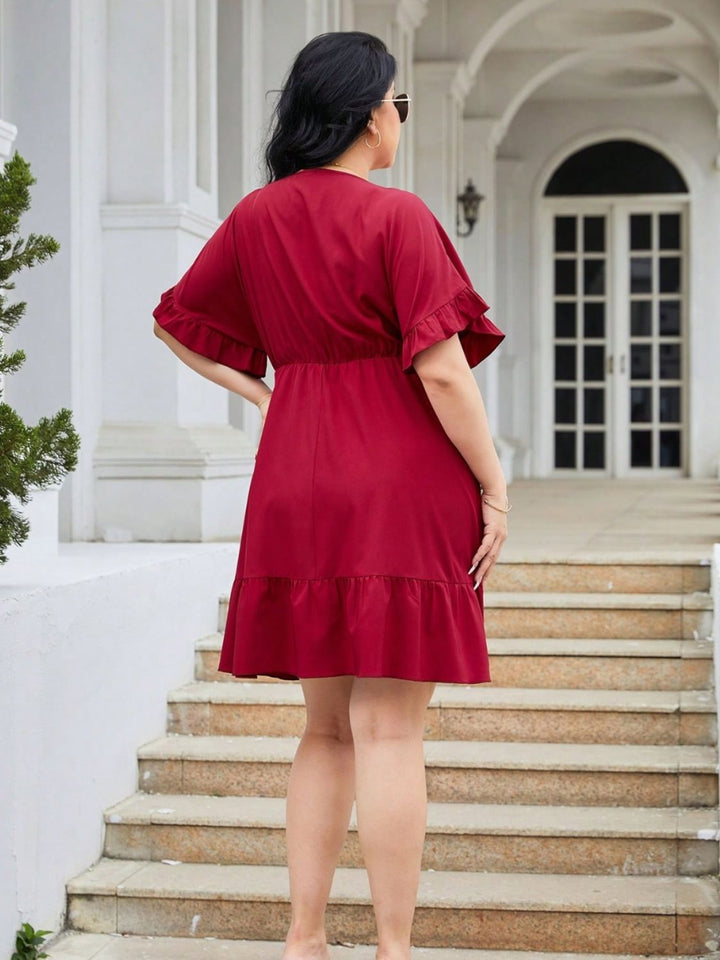 Plus Size Ruched Surplice Flounce Sleeve Mini Dress 
