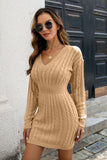 Cable-Knit V-Neck Long Sleeve Mini Sweater Dress Dresses