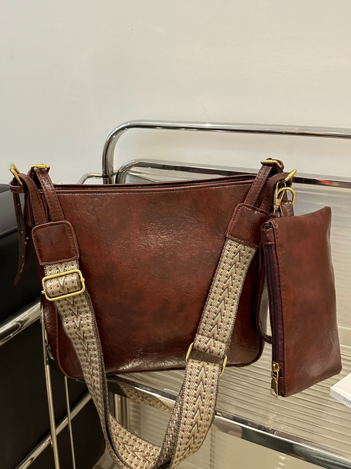 PU Leather Adjustable Strap Crossbody Bag with Pouch 