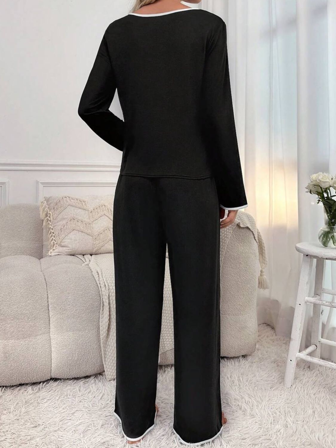 Contrast Trim Notched Long Sleeve Top and Pants Lounge Set 