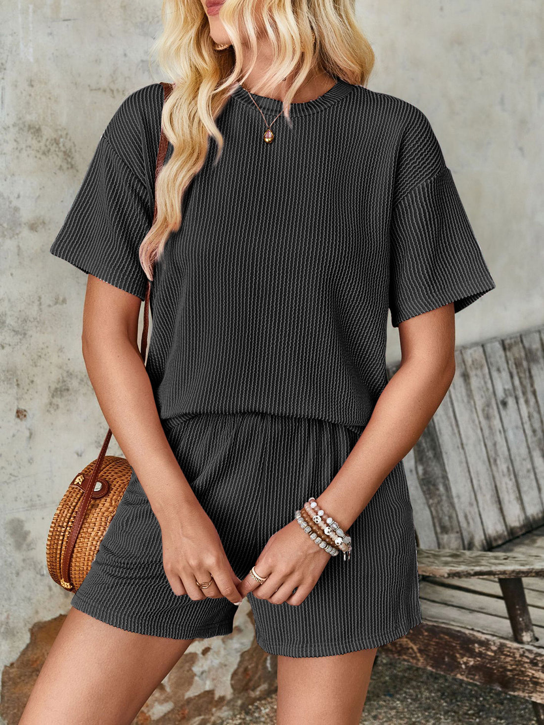 Lovelet Textured Round Neck Short Sleeve Top and Shorts Set 