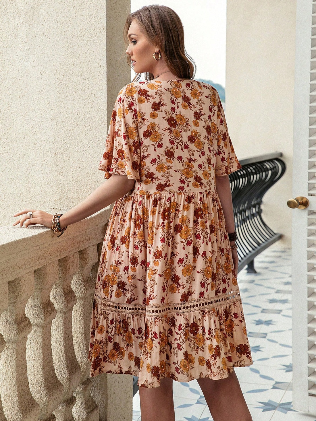 Plus Size Floral Crochet Flutter Sleeve Dress 