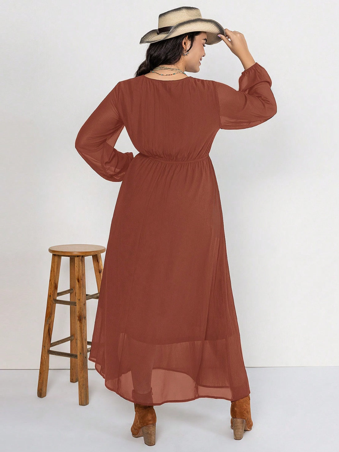 Plus Size Embroidered Tie Neck Long Sleeve Dress 