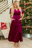 Red Dahlia Velvet Short Sleeve Shirred Waist Tiered Maxi Dress Dresses/Maxi Dresses