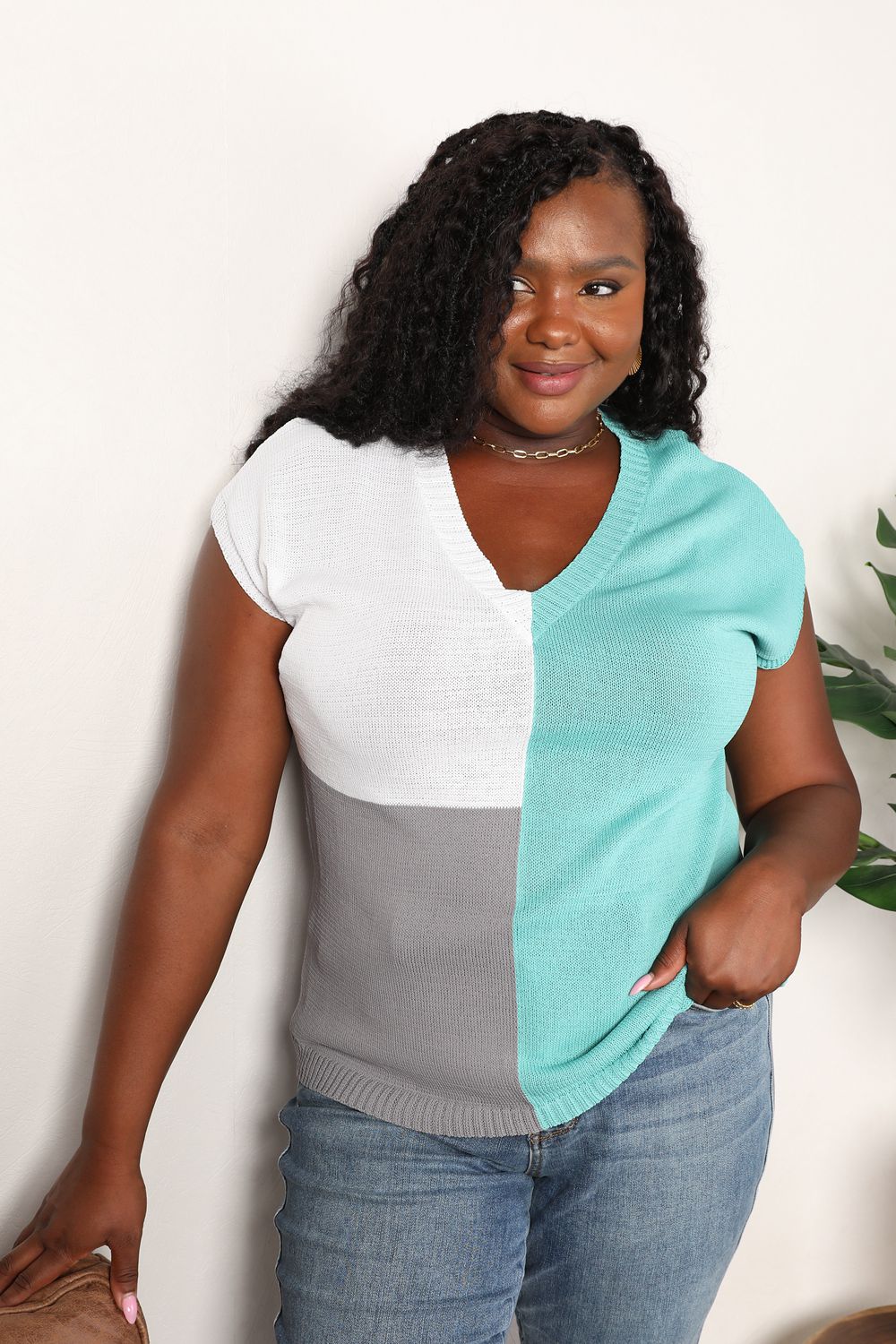 Color Block V-Neck Knit Top 
