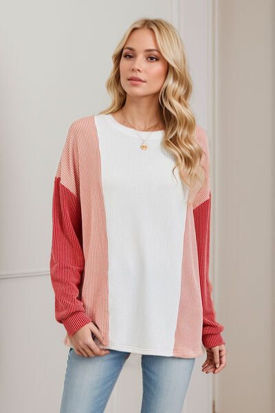 Double Take Texture Contrast Round Neck Long Sleeve T-Shirt 