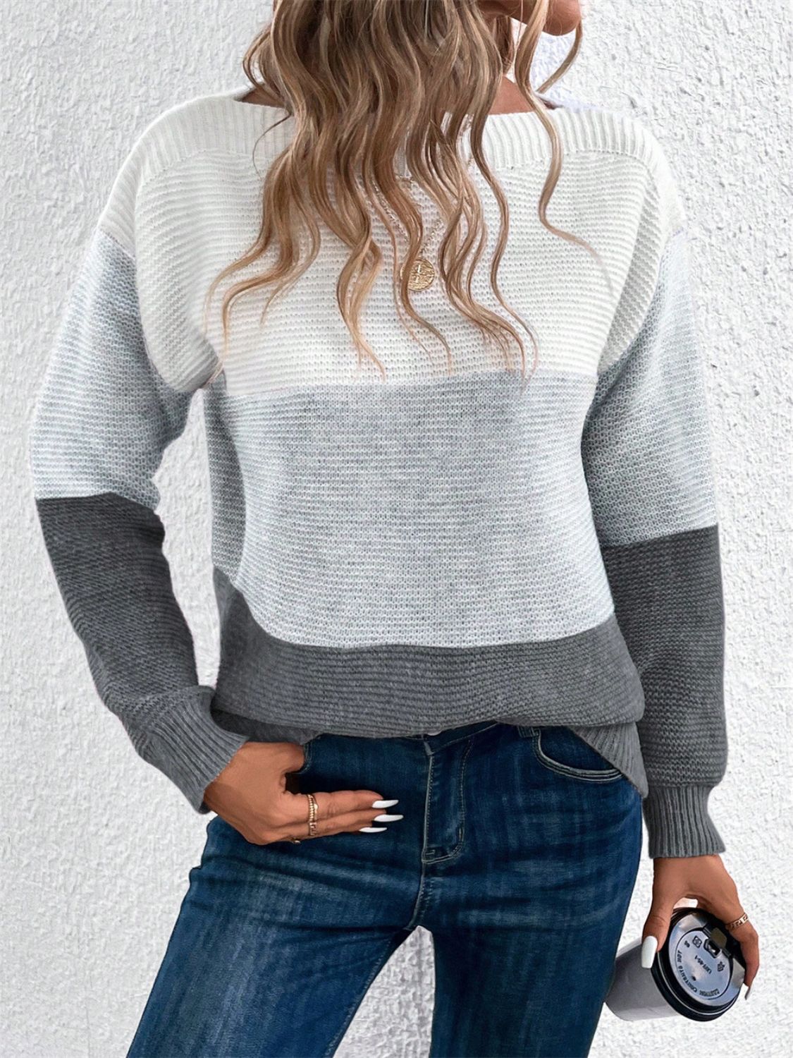 Color Block Drop Shoulder Long Sleeve Sweater 