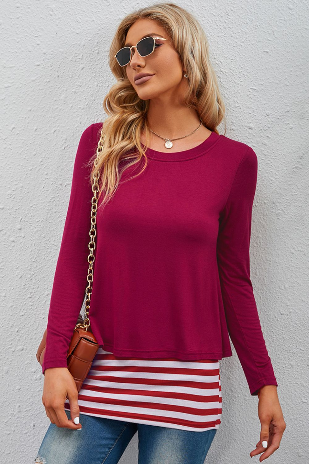 Full Size Striped Faux Layered Long Sleeve Top 