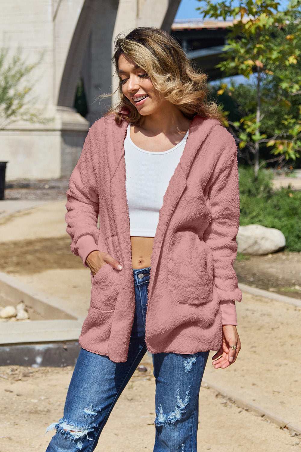 Full Size Teddy Hooded Jacket with Pockets 