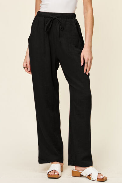 Double Take Full Size Texture Drawstring Straight Pants 