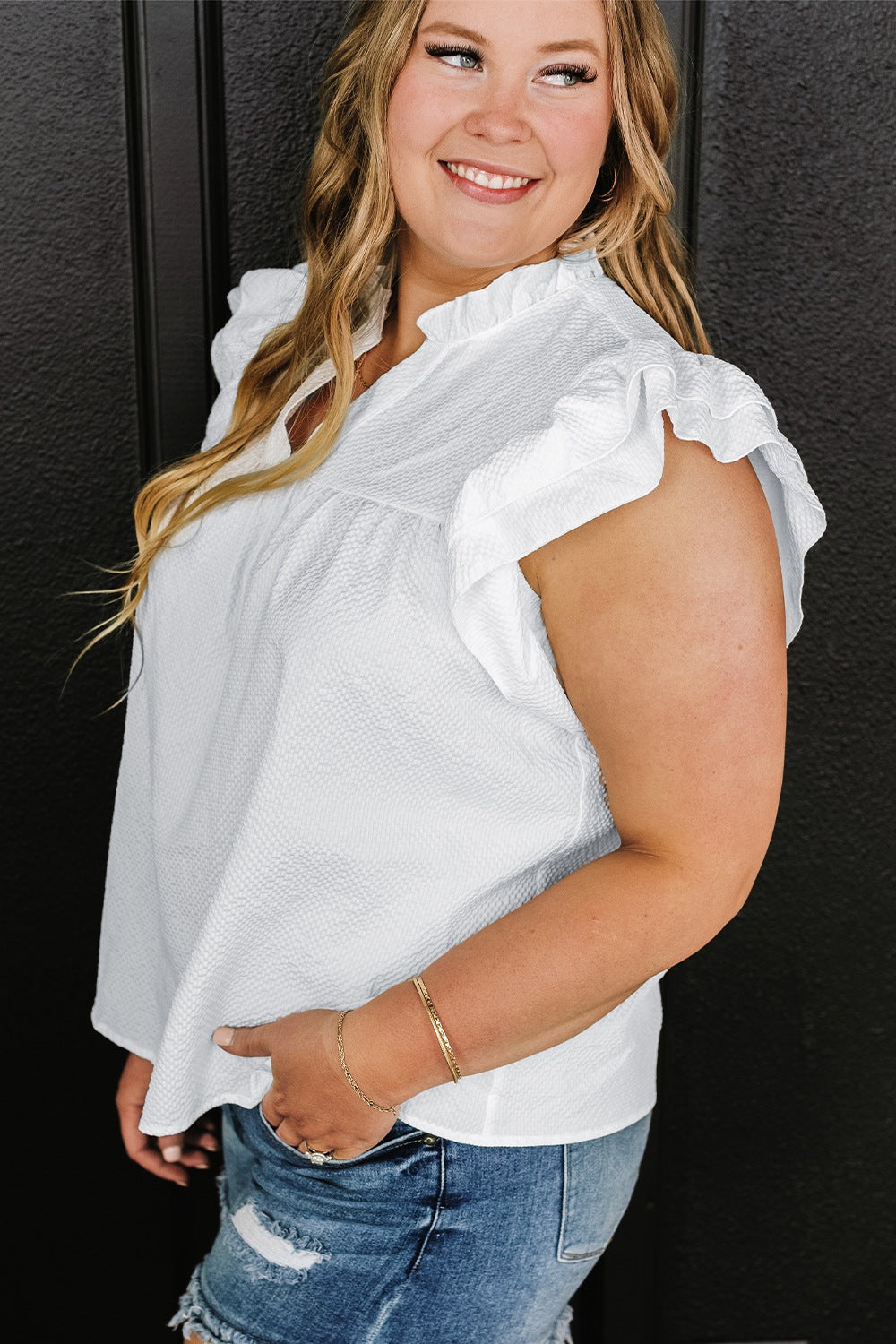 Plus Size Ruffled Notched Cap Sleeve Blouse 