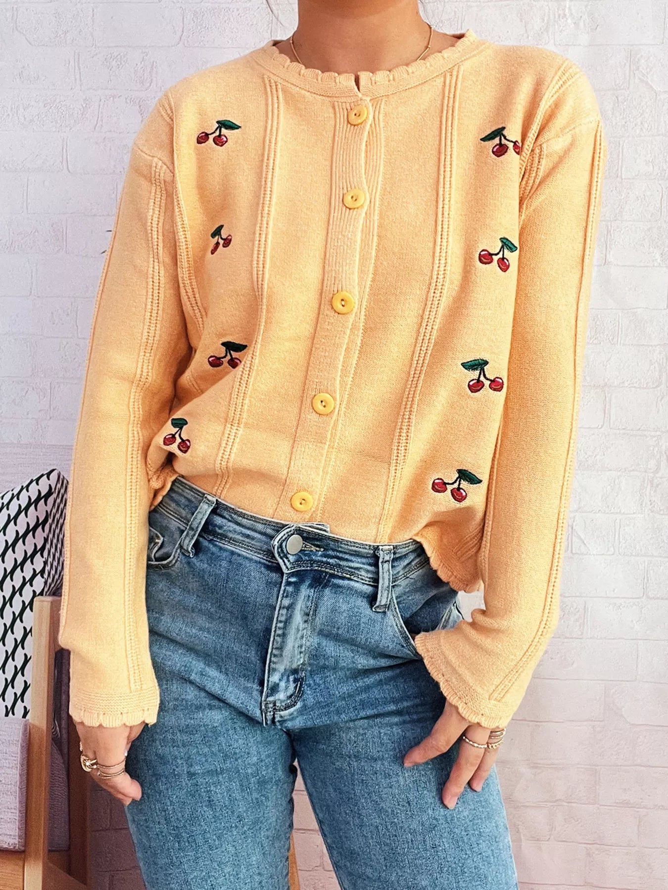 Cherry Embroidered Button Up Cardigan 
