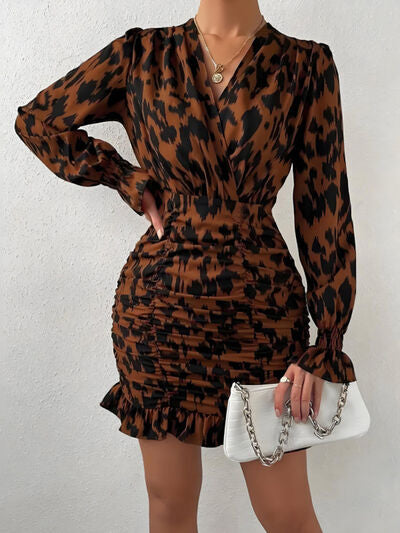 Ruched Ruffled Leopard Surplice Long Sleeve Dress Dresses