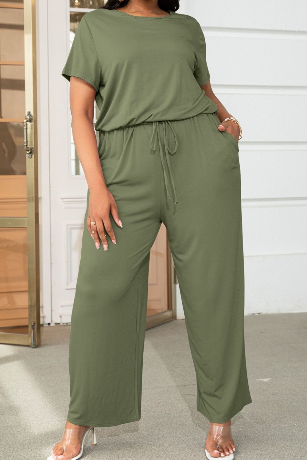 Plus Size Drawstring Waist Short Sleeve Jumpsuit 
