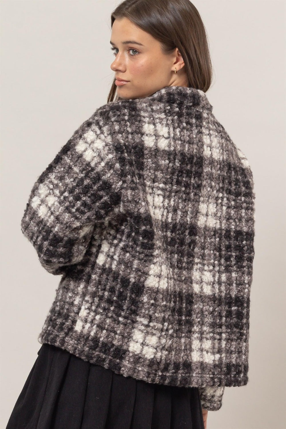 HYFVE Plaid Collared Neck Boucle Jacket with Pockets 