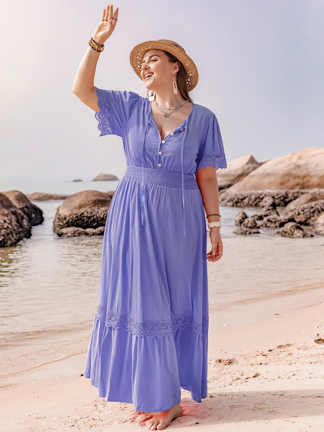 Plus Size Lace Detail Tie Neck Short Sleeve Maxi Dress 