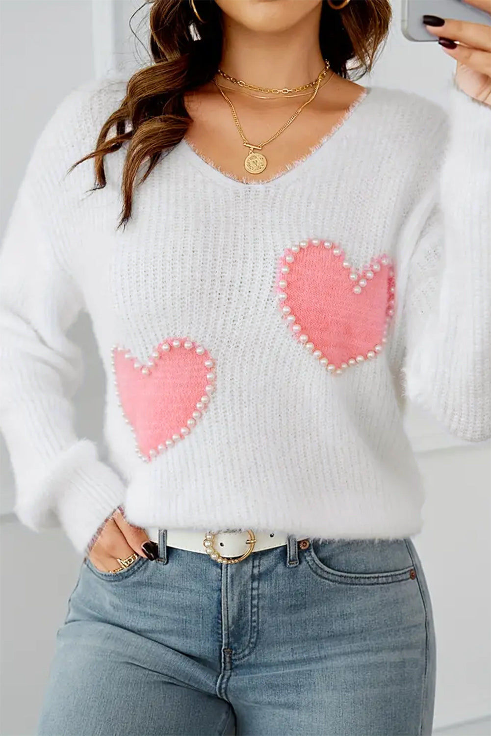 White Pearl Beaded Heart Pattern Fuzzy V Neck Sweater Sweaters & Cardigans/Sweaters