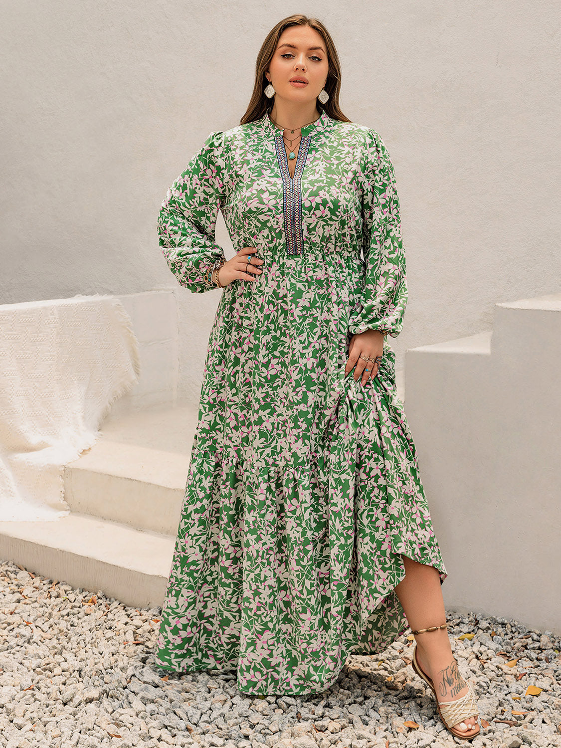 Plus Size Printed Notched Long Sleeve Maxi Dress 