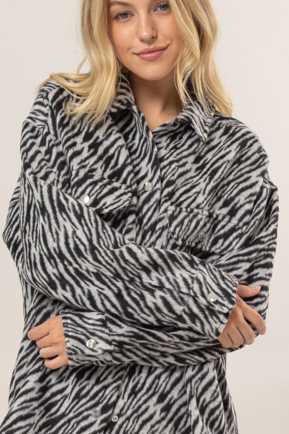 HYFVE Zebra Print Snap Down Long Sleeve Shacket 
