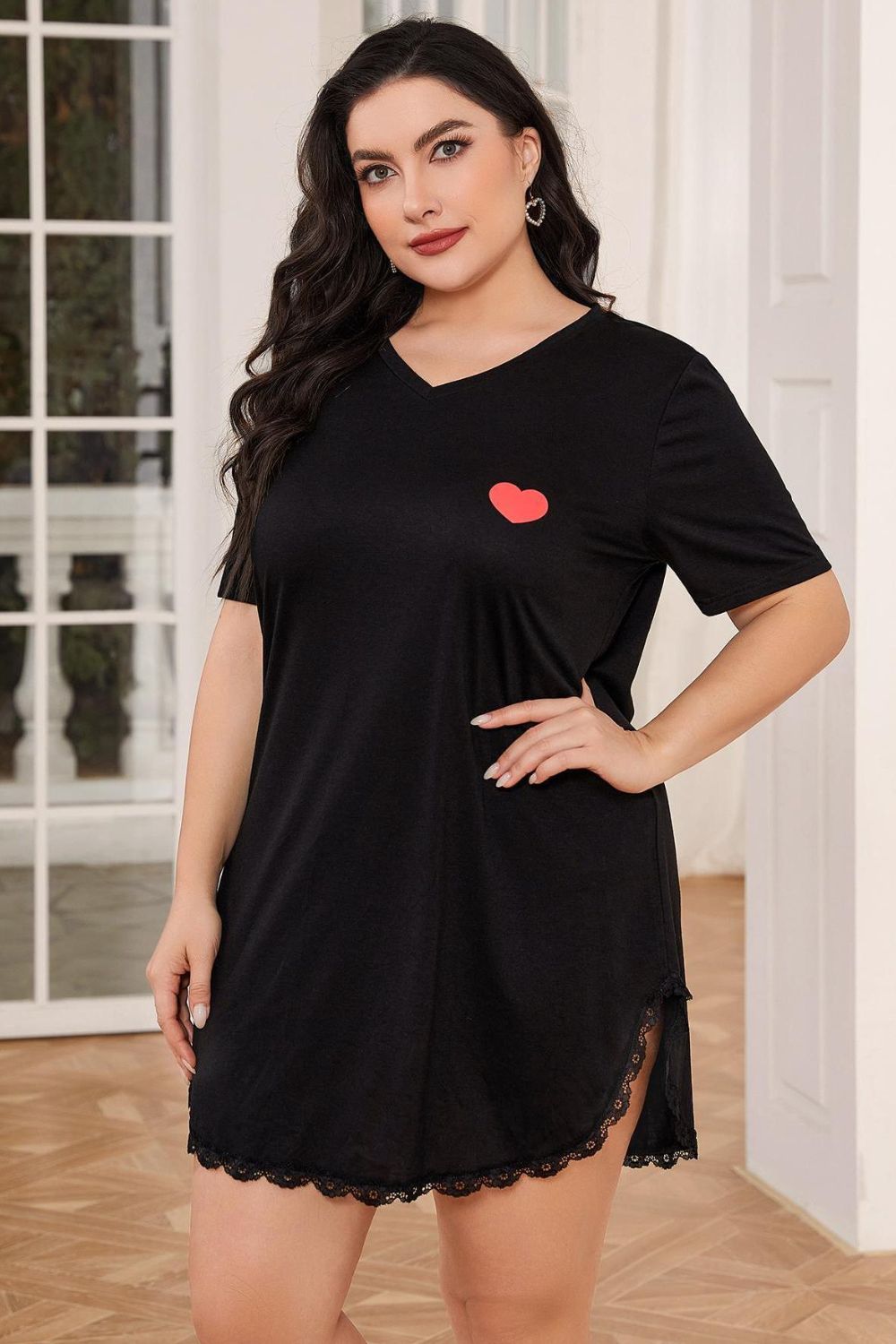 Plus Size Lace Trim V-Neck Short Sleeve Night Dress 