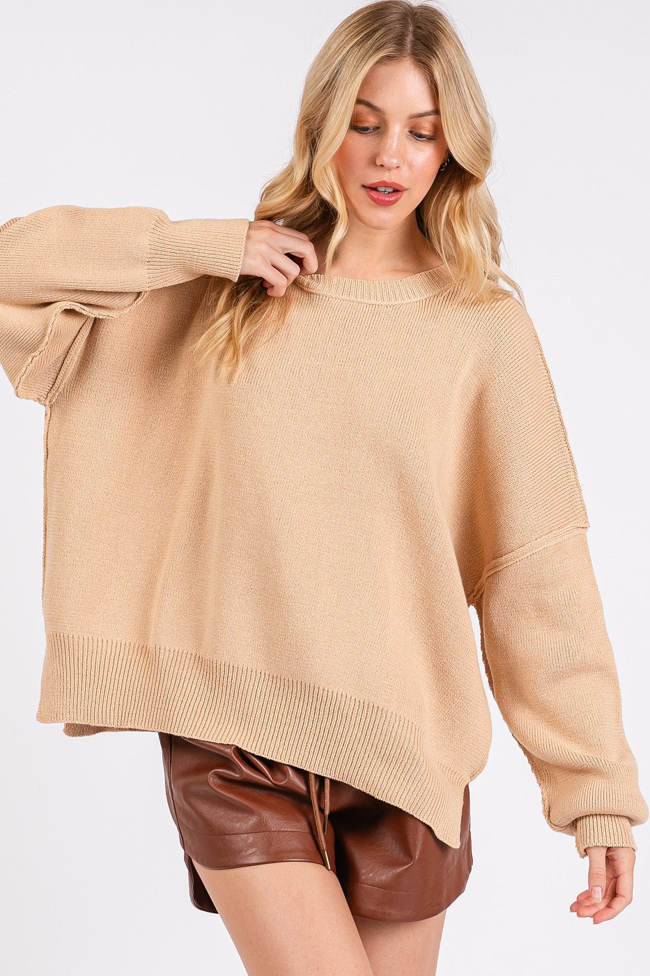 Mittoshop Side Slit Round Neck Drop Shoulder Sweater 