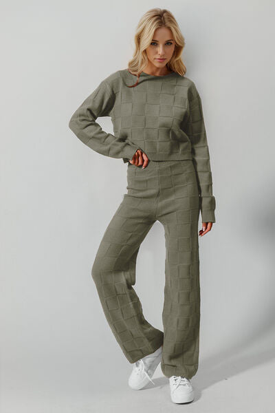 Double Take Full Size Checkered Round Neck Top and Pants Set 