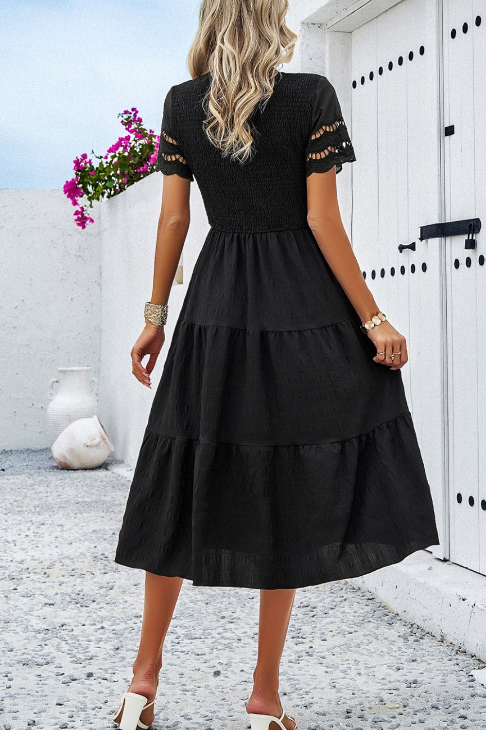 Devine Smocked Round Neck Short Sleeve Midi Dress 