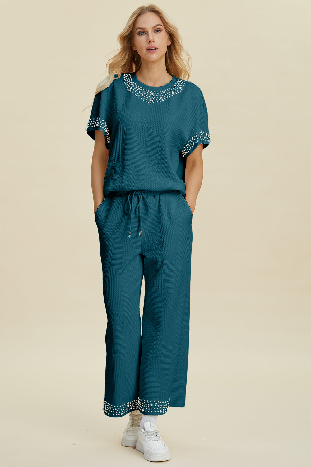 Double Take Full Size Pearl Detail Round Neck Top and Pants Set 