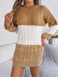 Cable-Knit Round Neck Color Block Sweater Dress 