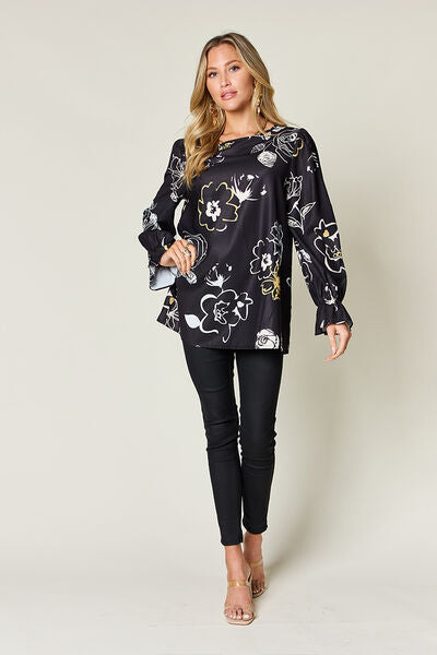 Double Take Full Size Printed Flounce Sleeve Blouse 