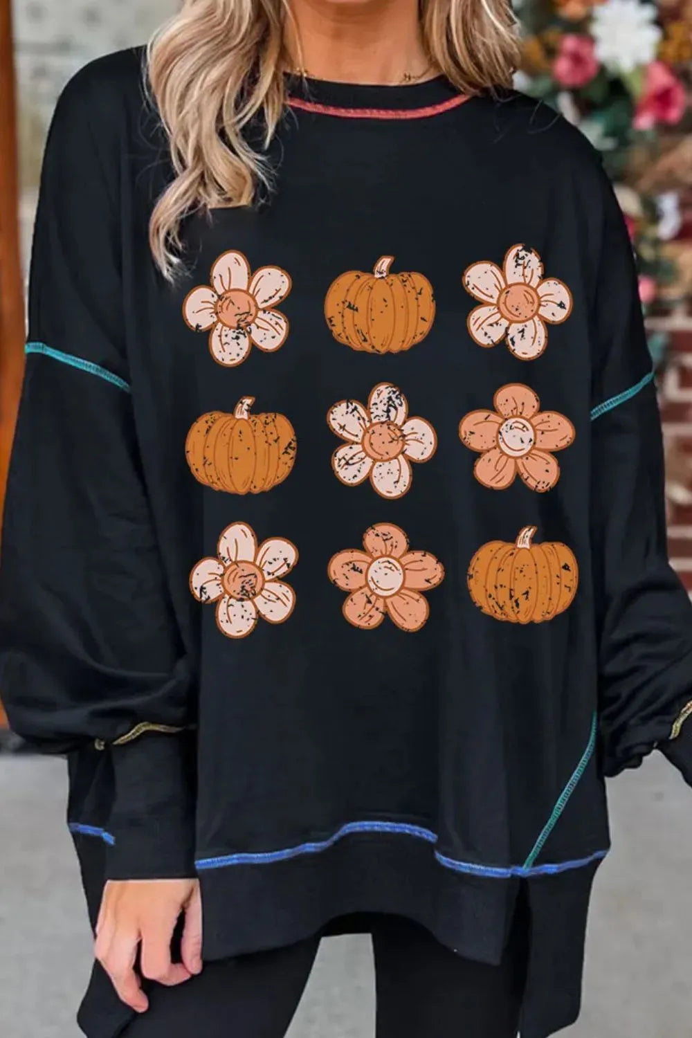Pumpkin & Flower Graphic Long Sleeve Sweatshirt 