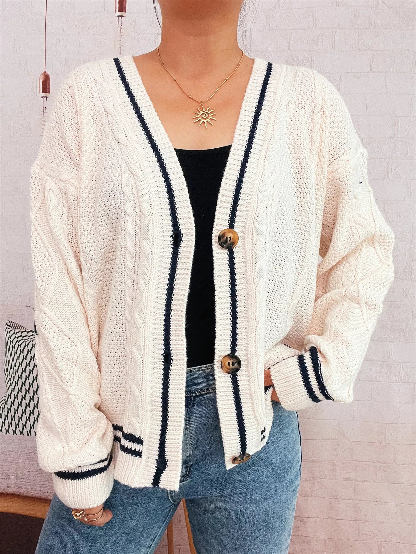 Star Pattern Button-Up Cardigan with Contrast Trim 