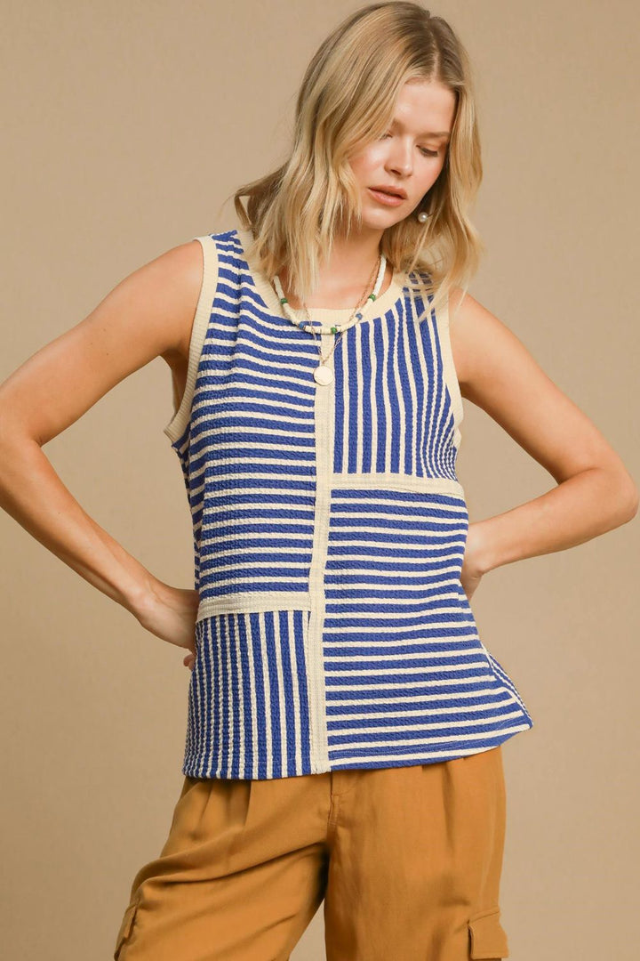 Umgee Round Neck Texture Striped Tank 
