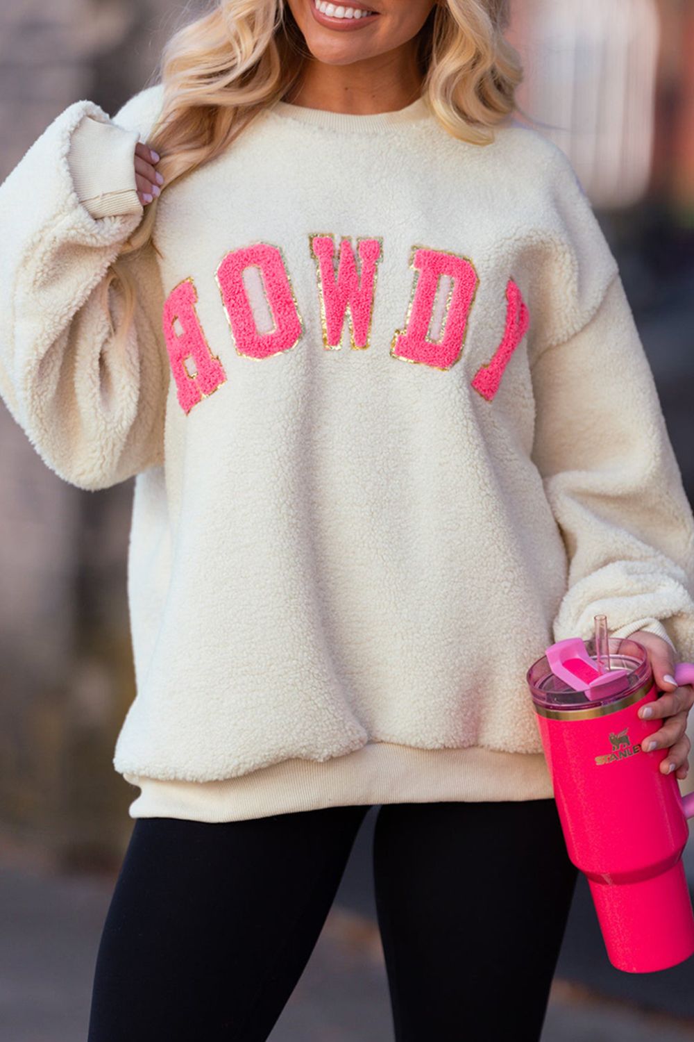 HOWDY Patched Round Neck Sherpa Sweatshirt 