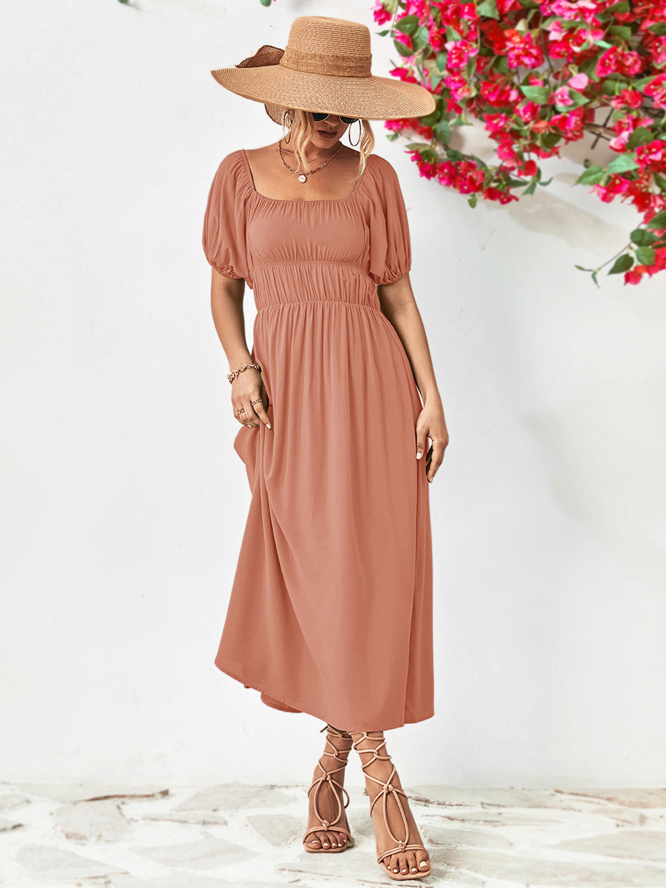 Off-Shoulder Balloon Sleeve Midi Dress 