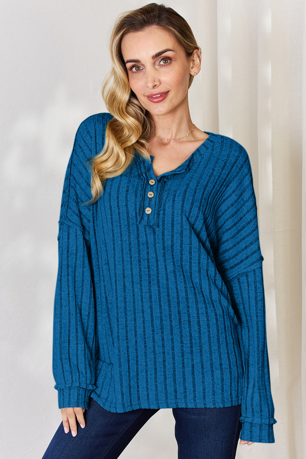 Basic Bae Full Size Ribbed Half Button Long Sleeve T-Shirt 