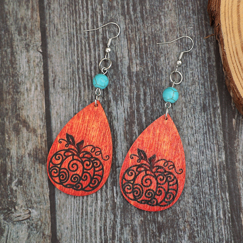 Turquoise Wooden Pumpkin Teardrop Earrings 