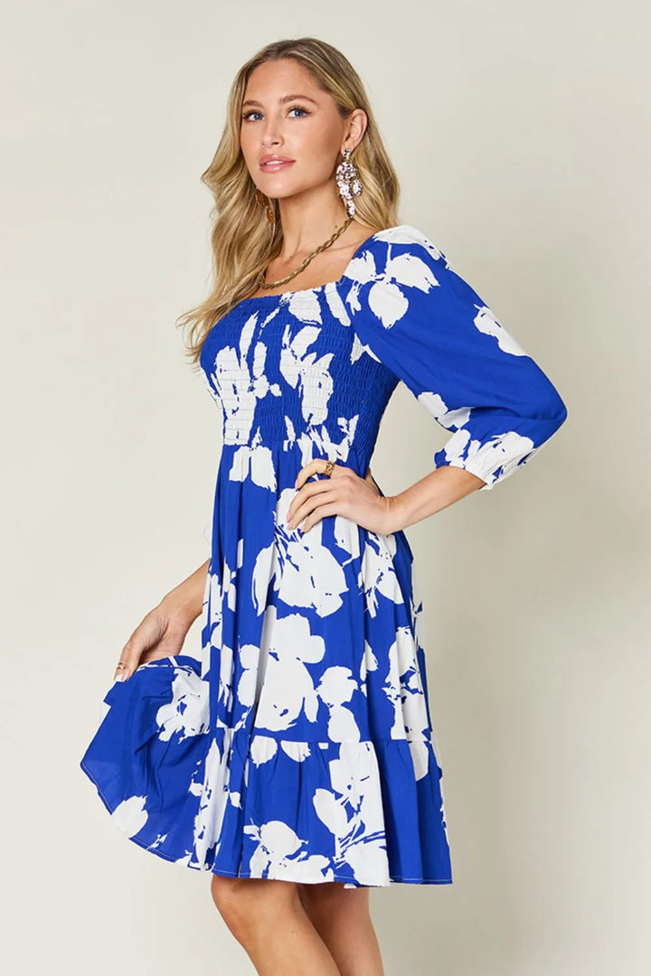 Double Take Full Size Floral Ruffle Hem Smocked Dress with Pockets 