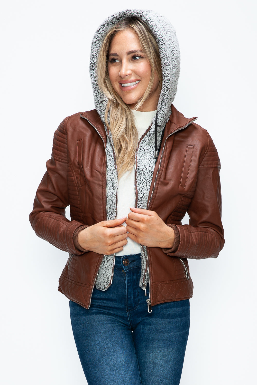 YMI Faux Layered Double-Zipper Jacket with Fuzzy Hood 