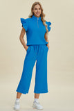 Double Take Full Size Texture Ruffle Short Sleeve Top and Wide Leg Pants Set 