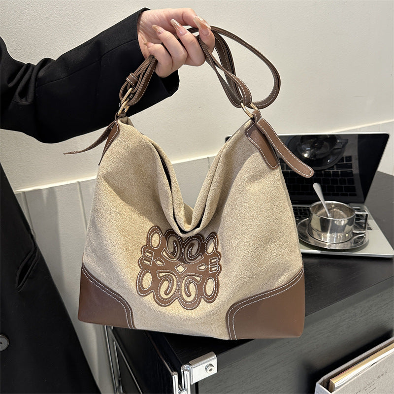 Suede Patch Adjustable Strap Tote Bag 