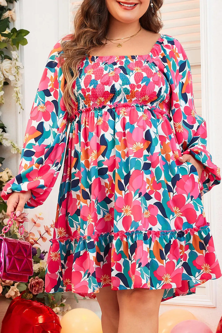 Plus Size Smocked Floral Square Neck Balloon Sleeve Dress 